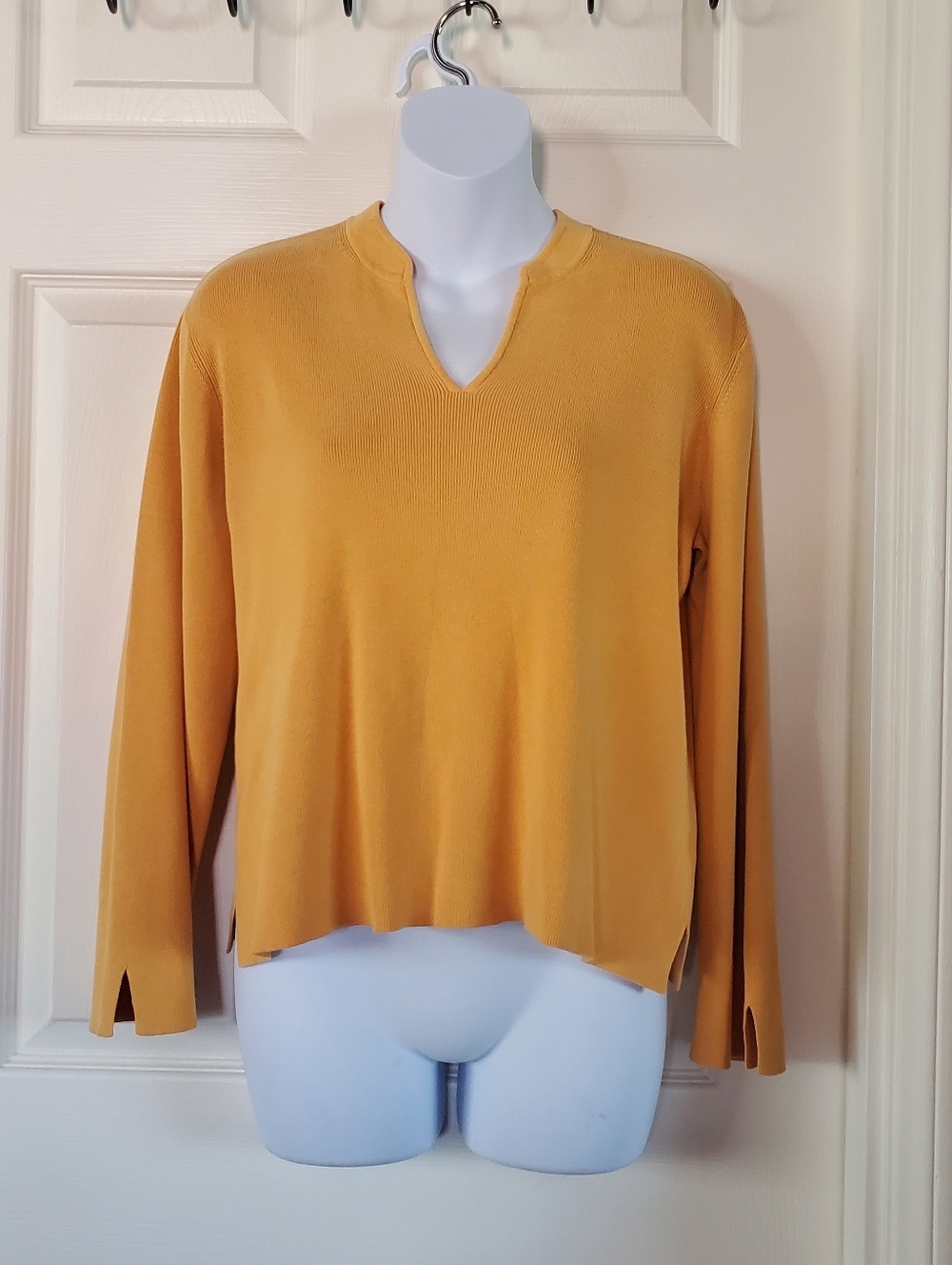 J Jill Mustard Yellow Blouse Pullover Career Office Casual Knit 3/4 Sleeves Lrg